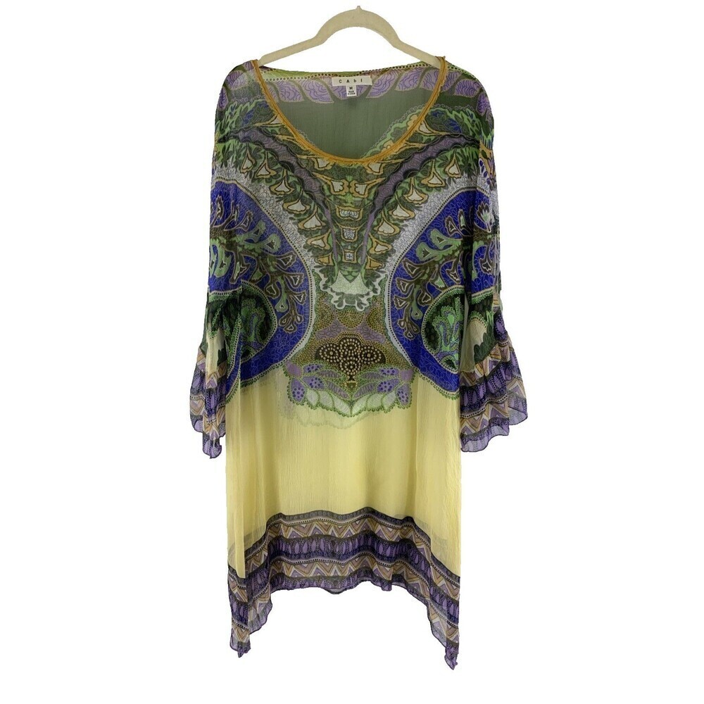 CAbi Silk Tunic Top Bell Sleeve‎ Sheer Purple Yellow Green Floral Womens Medium